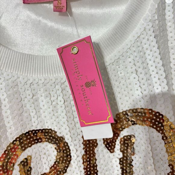 Simply Southern Preppy Sequins BRIDE Top Tshirt Small Oversized Crop America NWT - Picture 5 of 9